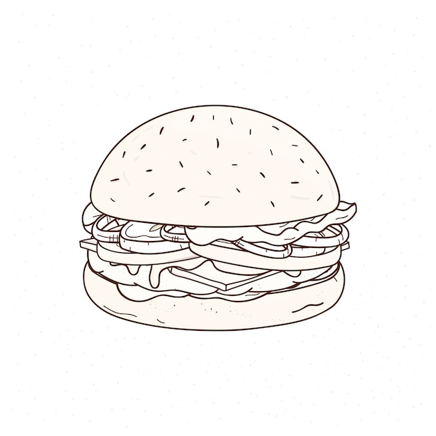 Gustoso Hamburger Disegnato A Mano Con Linee Di Contorno Disegno Di Hamburger Succoso O Panino Con Tortino Di Carne Formaggio E Verdure Delizioso Pasto Veloce Vettore Premium