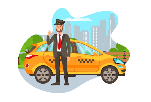 Taxi driver con car isolated cartoon character | Vettore Premium