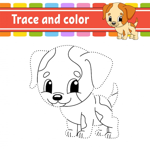 Traccia E Colora Cane Animale Pagina Da Colorare Per Bambini Pratica Della Scrittura A Mano Vettore Premium