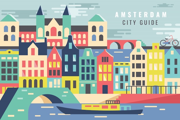 Citta Dell Illustrazione Di Vettore Nel Giro Di Amsterdam Vettore Premium