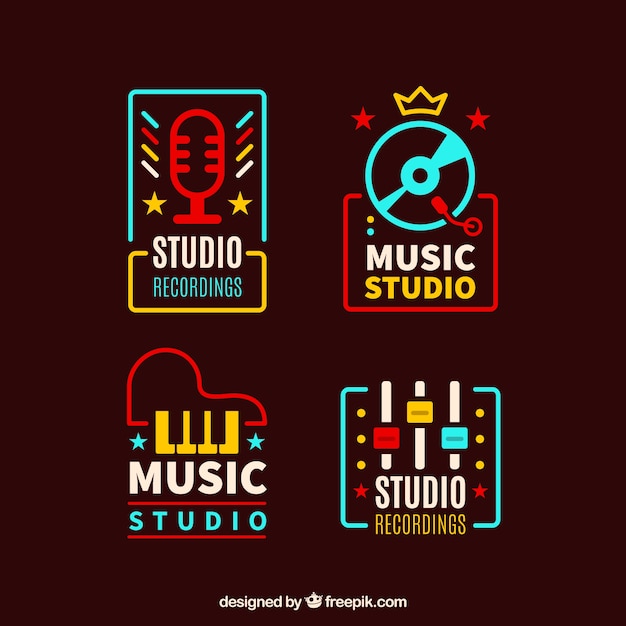 Vintage logotipi di musica colorati pacco | Vettore Premium Vintage Music Logos