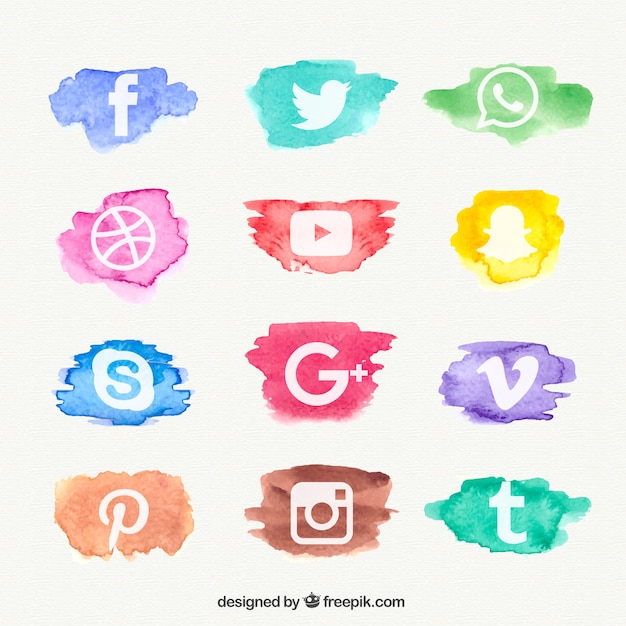 Acquerello Social Network Collezione Di Icone Vettore Premium