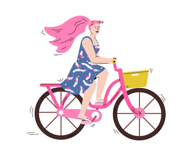Bicicletta Di Guida Della Donna Con L Illustrazione Del Fumetto Del Cestino Della Spesa Vettore Premium