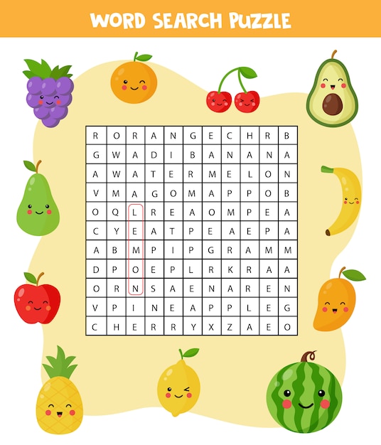 Puzzle Di Ricerca Di Parole Con Bacche E Frutti Kawaii Carini Trova Tutte Le Parole Nel