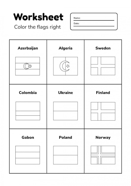 Foglio Di Lavoro Sulla Geografia Per Bambini In Eta Prescolare E Scolastica Colora Le Bandiere A Destra Pagina Da Colorare Vettore Premium