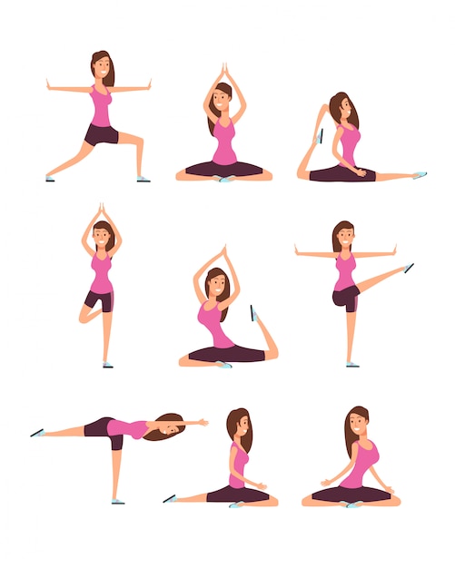Giovane Donna Facendo Esercizi Di Yoga E Meditazione Ragazza Di Forma Fisica In Addestramento Asana Posture Insieme Vettoriale Vettore Premium