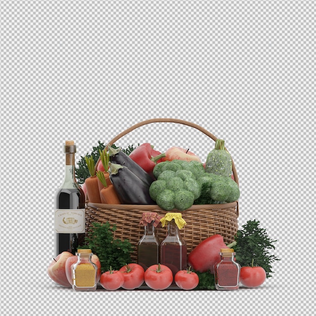 Cestino isometrico con verdure e frutta in cestino di vimini Psd Premium
