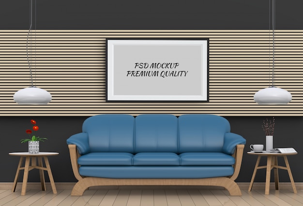 De spot op affichekader in binnenlandse 3d woonkamer en bank, geeft terug Premium Psd