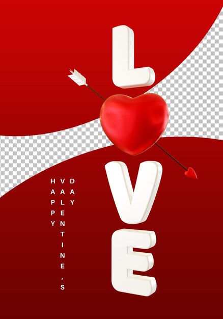 Estilo de texto de amor vertical con representación 3d del corazón del ...