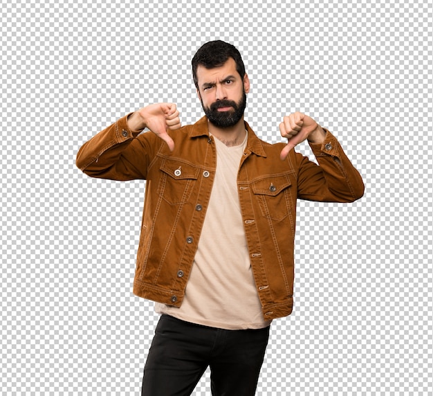 Hombre Guapo Con Barba Mostrando El Pulgar Hacia Abajo Archivo Psd