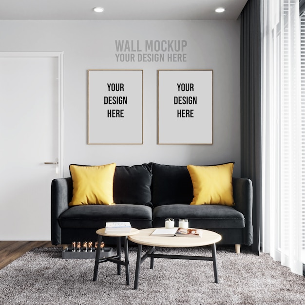 Interieur woonkamer muur achtergrond mockup met poster frame mockup