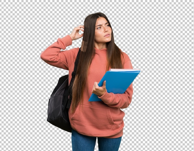 Jonge de holdingsnotitieboekjes die van de studentenvrouw twijfels hebben terwijl het krassen van hoofd Premium Psd