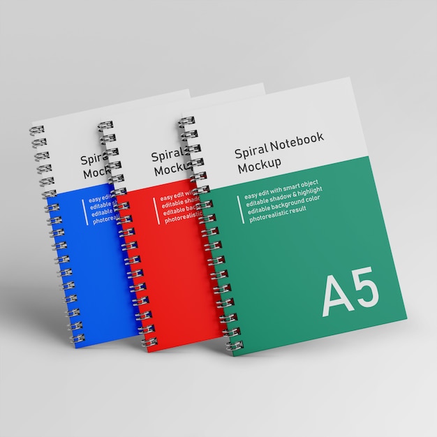 Klaar om te gebruiken drie bedrijf harde kaft spiral binder notitieboek mock up ontwerpsjabloon in front view Premium Psd
