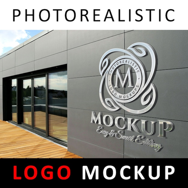 Download Logo mockup - 3d metallic chrome logo signage su company facade wall 1 | PSD Premium