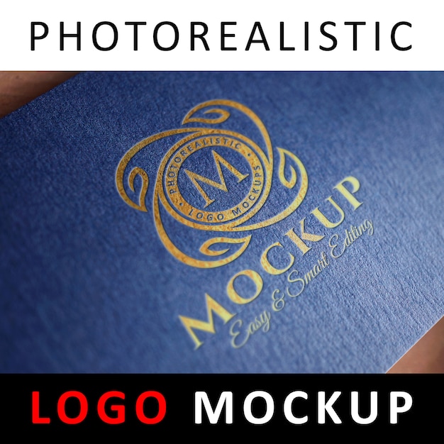 Logo mockup - inscriptie goudfolie stempelen logo op blauwe getextureerde kaart Premium Psd