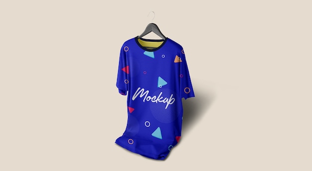 Man tshirt mockup blauw opknoping Premium Psd