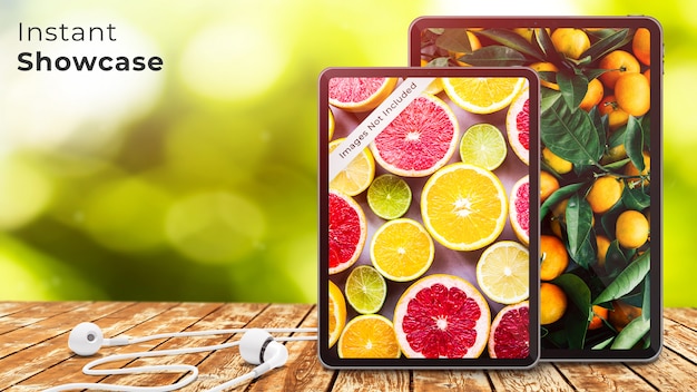 Mockup di dispositivo perfetto pixel di due tablet e auricolari sul tavolo di legno rustico Psd Premium