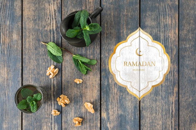 Mockup di ramadan piatto laici per logo Psd Gratuite