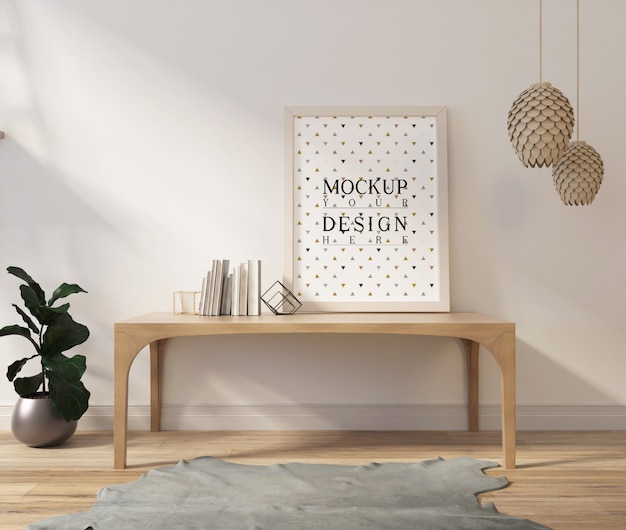 Mockup poster in moderne witte woonkamer met tafel en boeken Premium