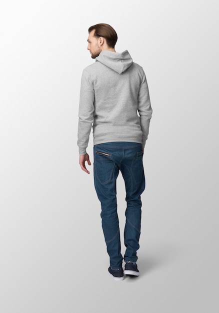 Download Model man met grijze hoodie mockup, achteraanzicht ...