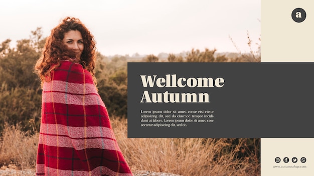 Modello web di autunno orizzontale benvenuto con donna capelli ricci Psd Gratuite