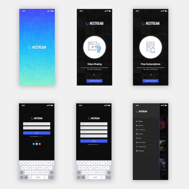 Nestream mobile app ui kit Premium Psd