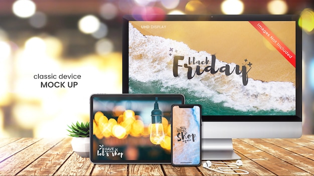 Pixel perfect model van computerscherm, smartphone en digitale tablet op heldere winkeltafel Premium Psd