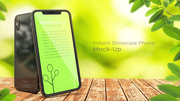 Download Pixel perfetto iphone organico x mockup di due 3d iphone x sul tavolo di legno rustico con ...