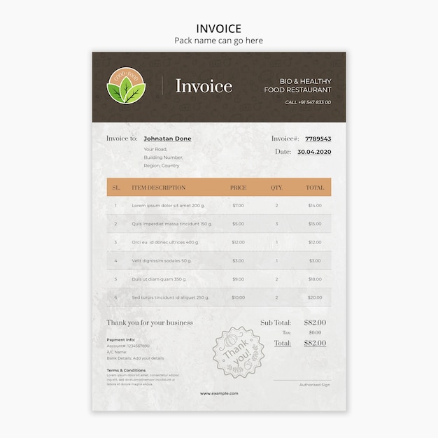 Plantilla De Factura De Restaurante De Comida Saludable Archivo Psd Gratis