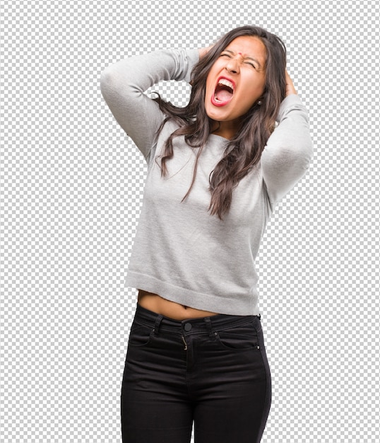Portret van jonge indiase vrouw gek en wanhopig, schreeuwen uit de hand Premium Psd