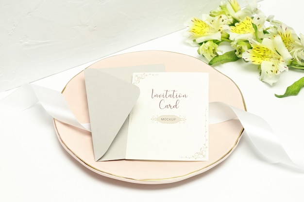 Prentbriefkaar op roze plaat met wit lint, grijze envelop en witte bloemen Premium Psd