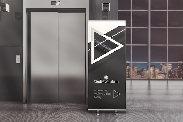 Roll up banner stand in mockup hall | PSD Premium