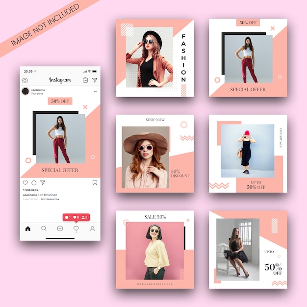 Set di modelli di post di instagram di moda e modello di screenshot Psd Premium