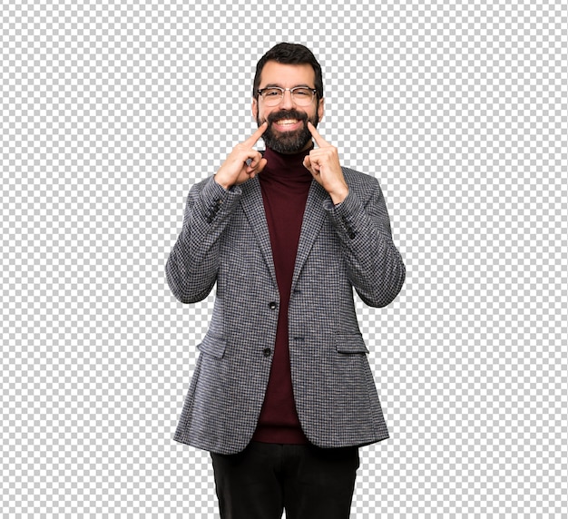 Uomo bello con i vetri che sorride con un'espressione felice e piacevole Psd Premium