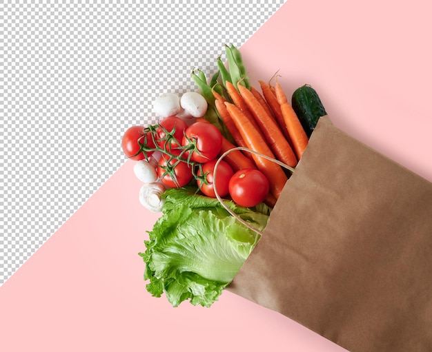 Verduras Frescas En Bolsa De Papel Reciclable Sobre Fondo Rosa Con