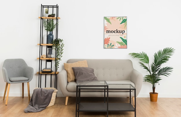 Vooraanzicht mock-up frame op witte muur in woonkamer Gratis Psd