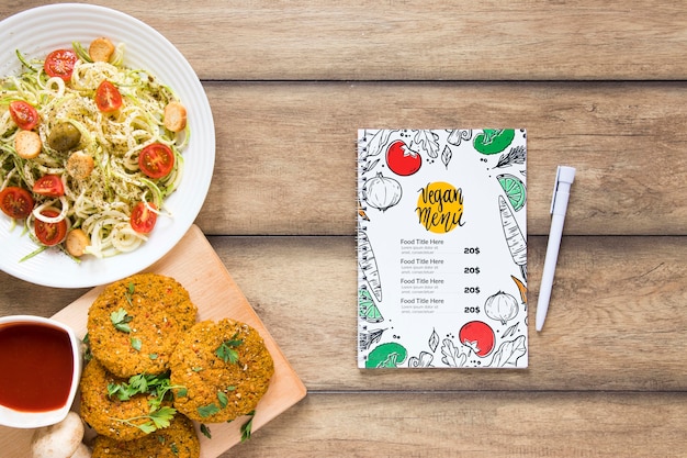 Assortiment de la vue de dessus avec des aliments sains et un menu Psd gratuit