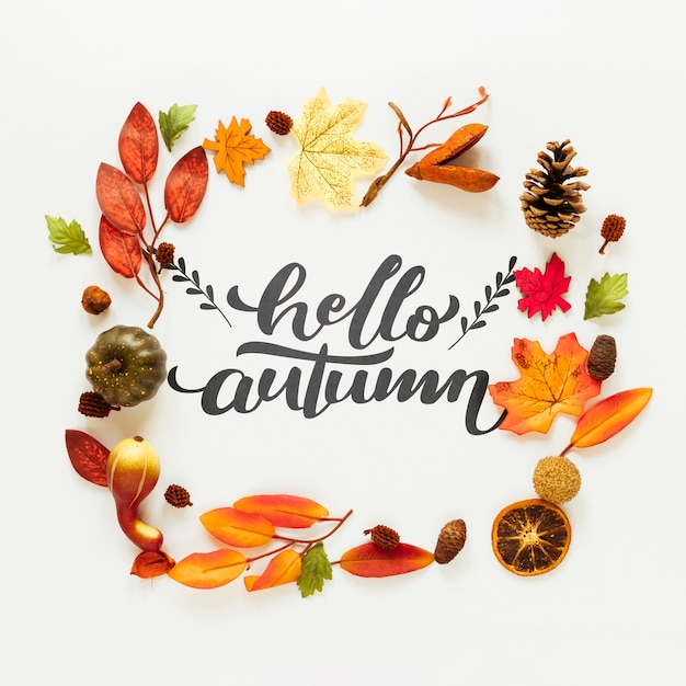 Bonjour Citation D Automne Avec Des Feuilles Sechees Et Des Fruits Psd Gratuite