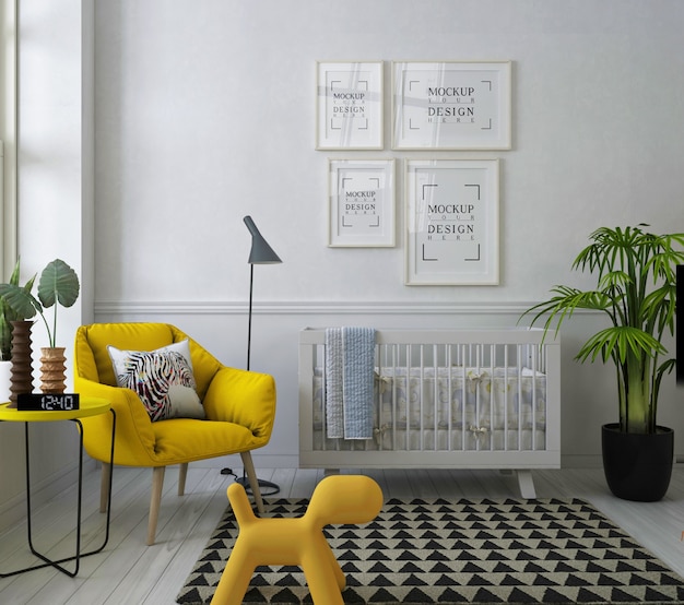 Cadre Affiche Maquette Dans La Chambre De Bebe Moderne Avec Fauteuil Jaune Psd Premium