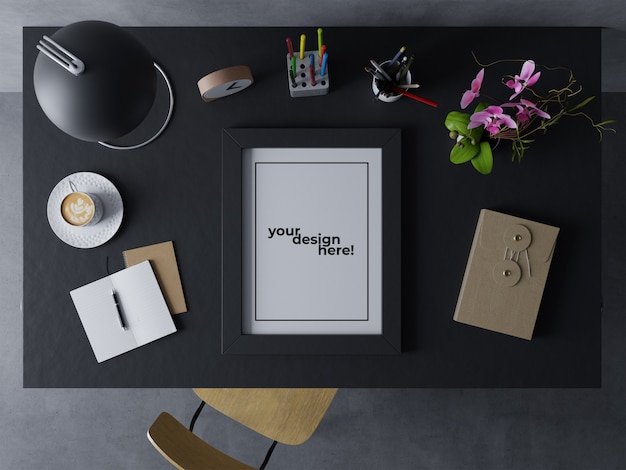 Cadre de prime affiche unique modèle de conception maquette design reposant sur un bureau élégant dans un espace de travail intérieur moderne PSD Premium