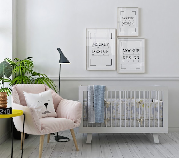 Cadres D Affiche De Maquette Dans La Chambre De Bebe Blanc Avec Fauteuil Rose Psd Premium