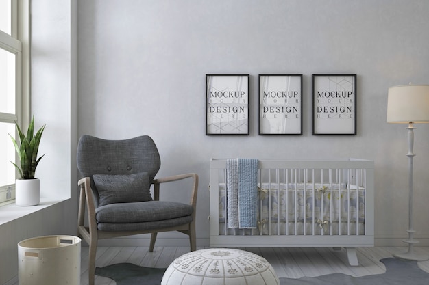 Cadres Photo Maquette Dans La Chambre De Bebe Blanc Avec Fauteuil Gris Psd Premium