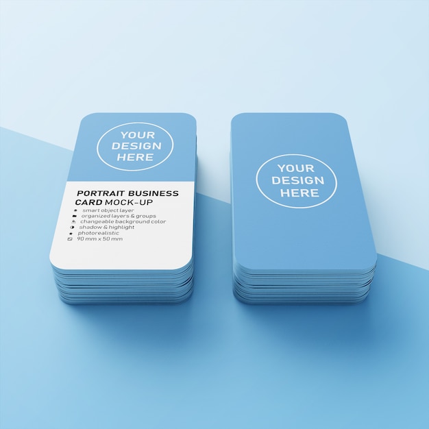 Deux piles de carte de visite verticale réaliste de 90x50 mm avec des angles arrondis maquette de conception dans la vue en perspective avant PSD Premium