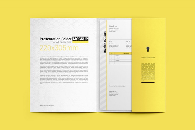Dossier ouvert avec la maquette de format de papier a4 PSD Premium