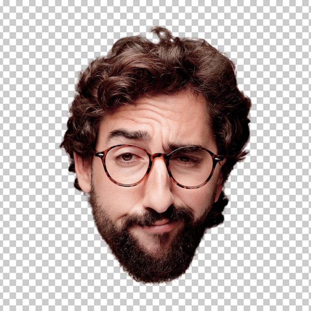 Expression de tête de jeune homme fou barbu isolé. rôle hipster avec lunettes de vue PSD Premium