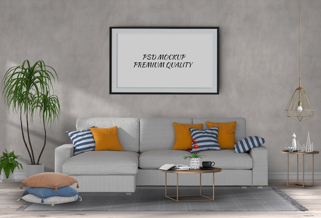 Maquette image dans le salon intérieur et un canapé, rendu 3d PSD Premium
