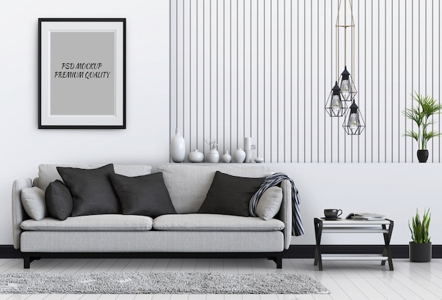 Maquette image dans le salon intérieur et un canapé, rendu 3d PSD Premium