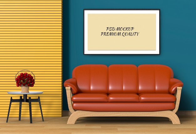 Maquette image dans le salon intérieur et un canapé, rendu 3d PSD Premium