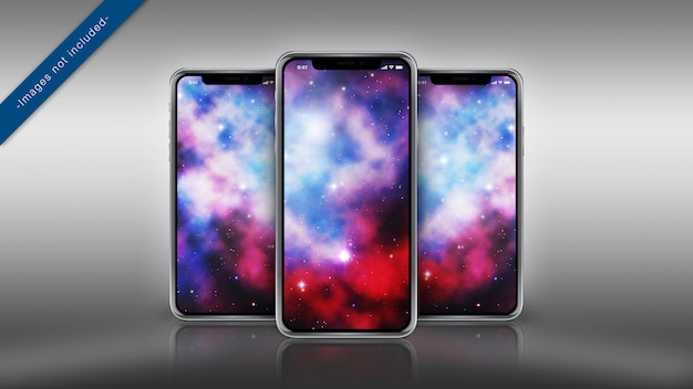 Maquette pixel perfect de trois iphone x sur une surface réfléchissante PSD Premium