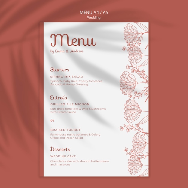 Modèle De Menu Simple Et élégant Pour Le Mariage | PSD Gratuite